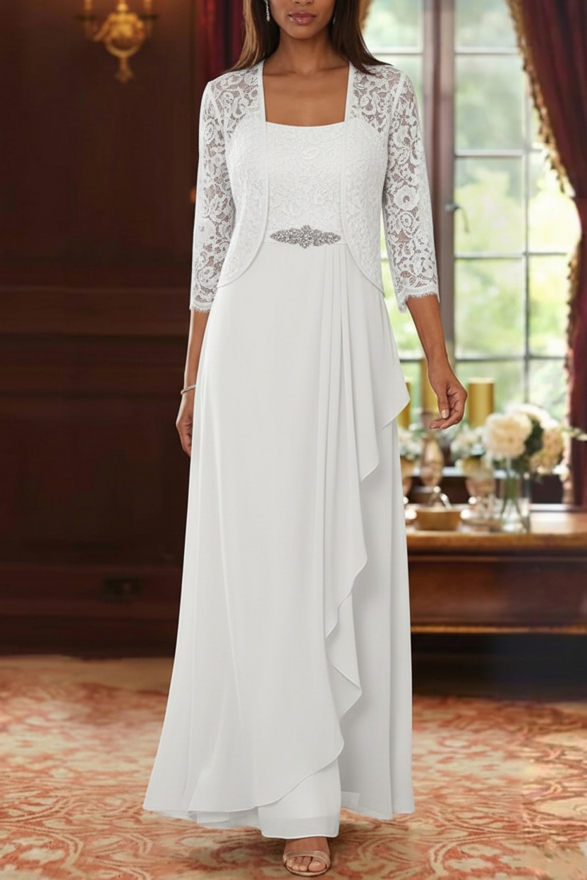 A-Line/Princess Square Collar Chiffon Mother of the Bride Dresses with Jacket Lace Ankle-Length 3/4 Sleeves