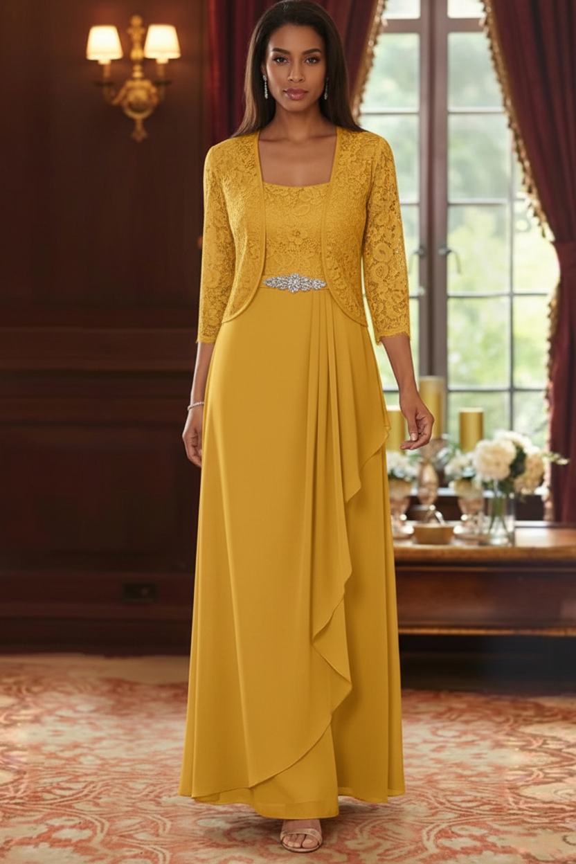 A-Line/Princess Square Collar Chiffon Mother of the Bride Dresses with Jacket Lace Ankle-Length 3/4 Sleeves