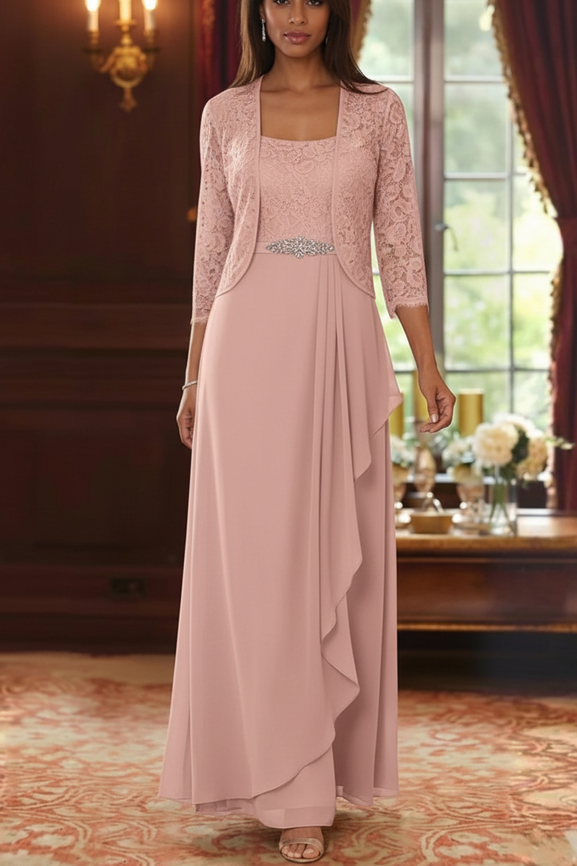 A-Line/Princess Square Collar Chiffon Mother of the Bride Dresses with Jacket Lace Ankle-Length 3/4 Sleeves