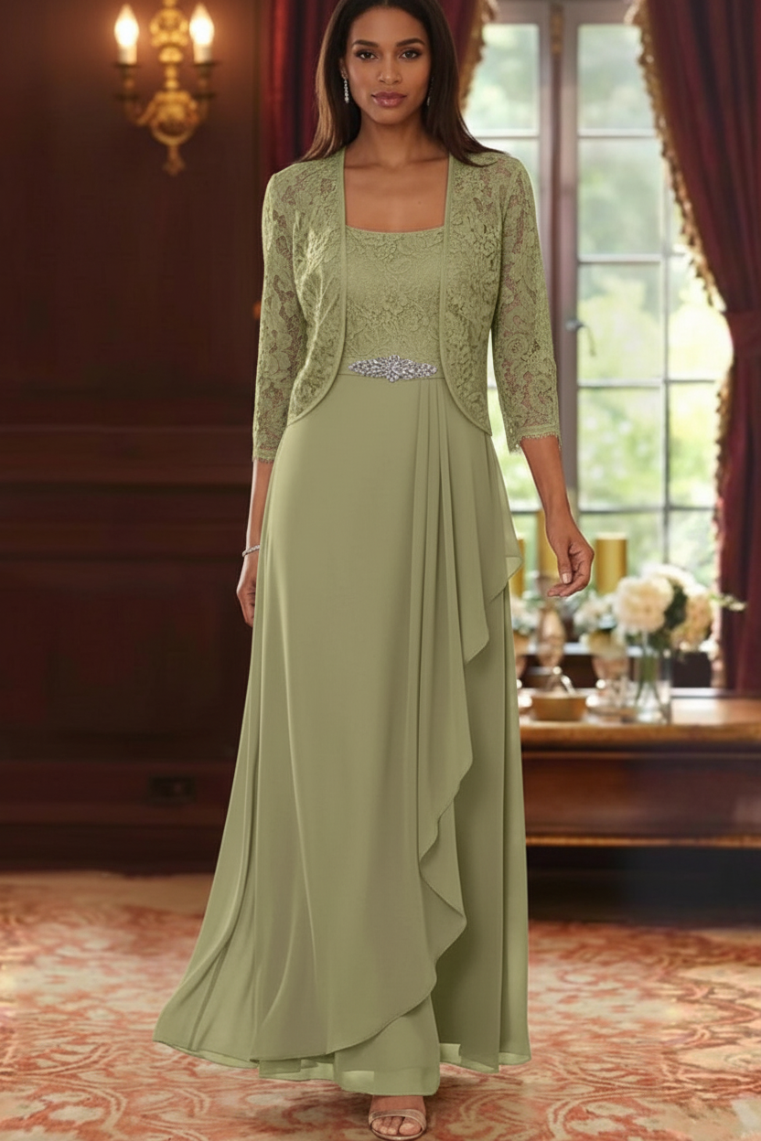 A-Line/Princess Square Collar Chiffon Mother of the Bride Dresses with Jacket Lace Ankle-Length 3/4 Sleeves