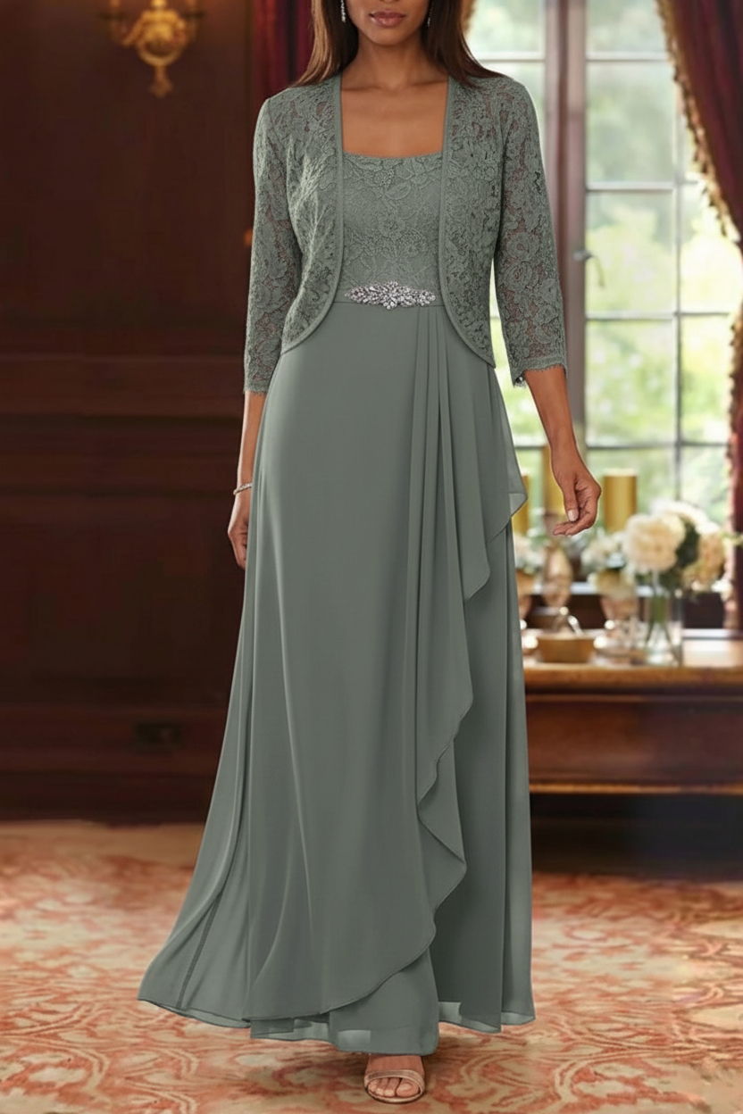 A-Line/Princess Square Collar Chiffon Mother of the Bride Dresses with Jacket Lace Ankle-Length 3/4 Sleeves