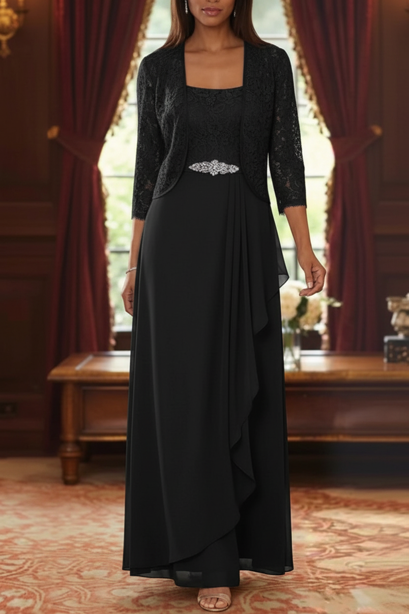 A-Line/Princess Square Collar Chiffon Mother of the Bride Dresses with Jacket Lace Ankle-Length 3/4 Sleeves