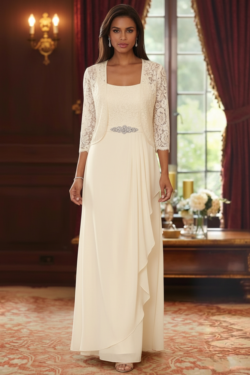 A-Line/Princess Square Collar Chiffon Mother of the Bride Dresses with Jacket Lace Ankle-Length 3/4 Sleeves