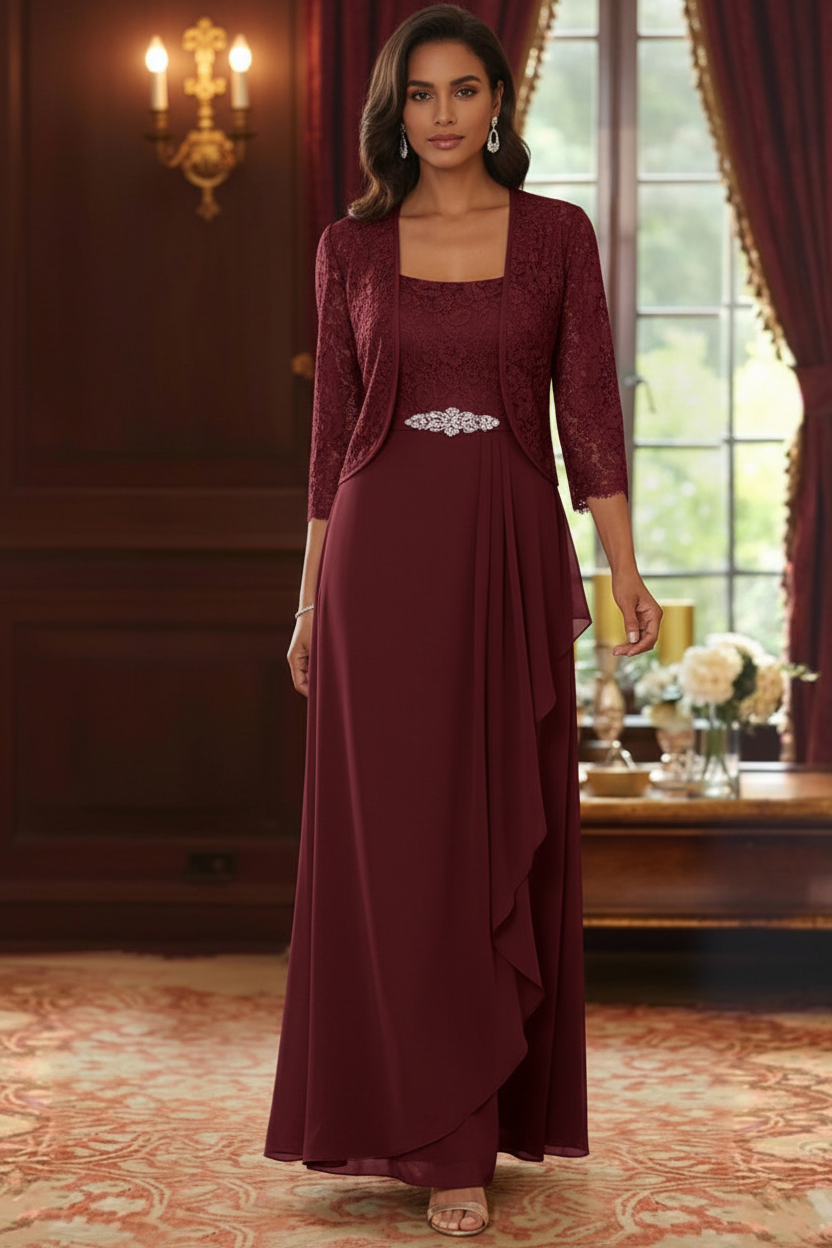 A-Line/Princess Square Collar Chiffon Mother of the Bride Dresses with Jacket Lace Ankle-Length 3/4 Sleeves