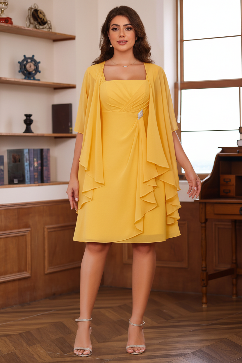 A-Line/Princess Square Neck Knee-Length Plus Size Mother of the Bride Dresses With Ruffles & Jacket