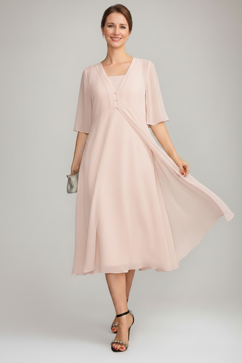 A-Line/Princess Square Neck Sleeveless Tea-Length Mother of the Bride Dresses with Long Jacket