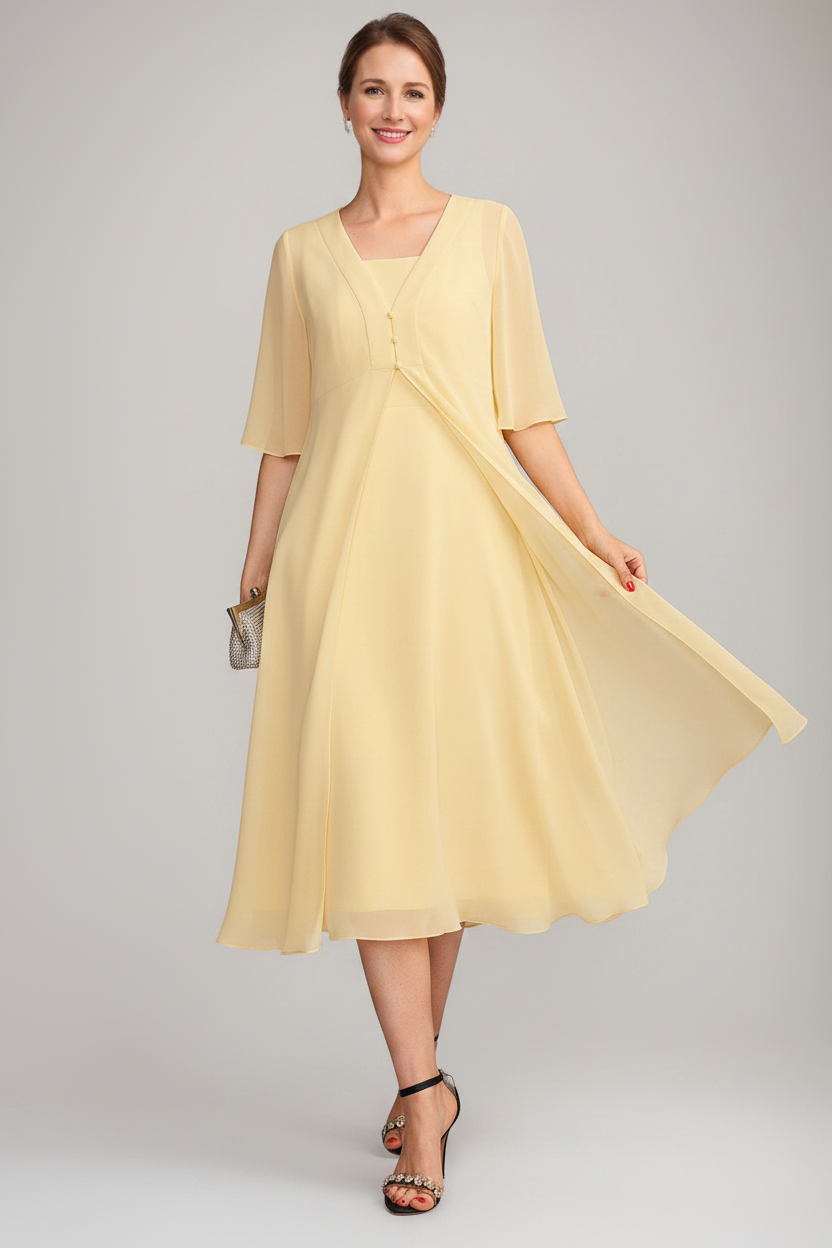A-Line/Princess Square Neck Sleeveless Tea-Length Mother of the Bride Dresses with Long Jacket