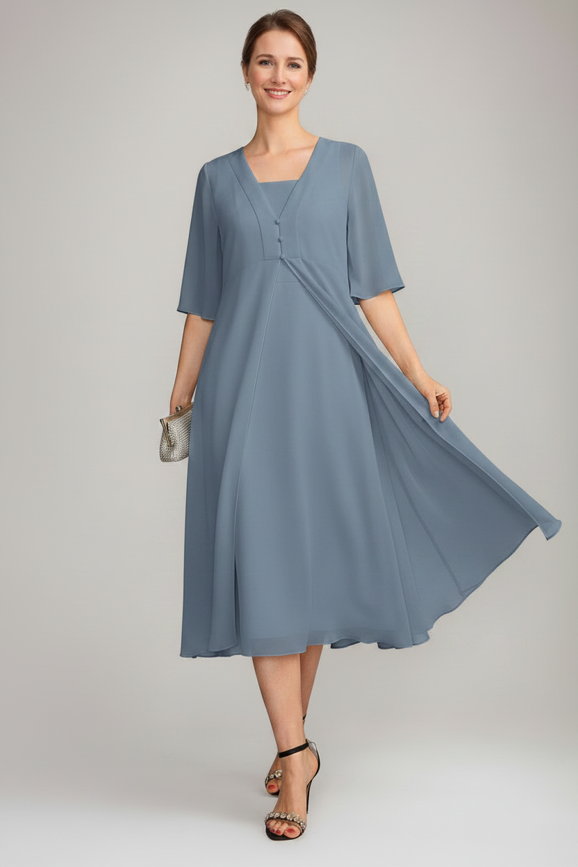 A-Line/Princess Square Neck Sleeveless Tea-Length Mother of the Bride Dresses with Long Jacket