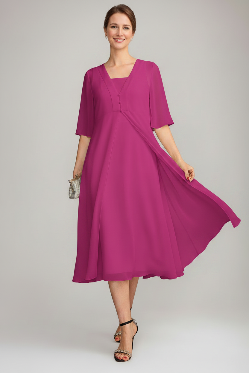 A-Line/Princess Square Neck Sleeveless Tea-Length Mother of the Bride Dresses with Long Jacket