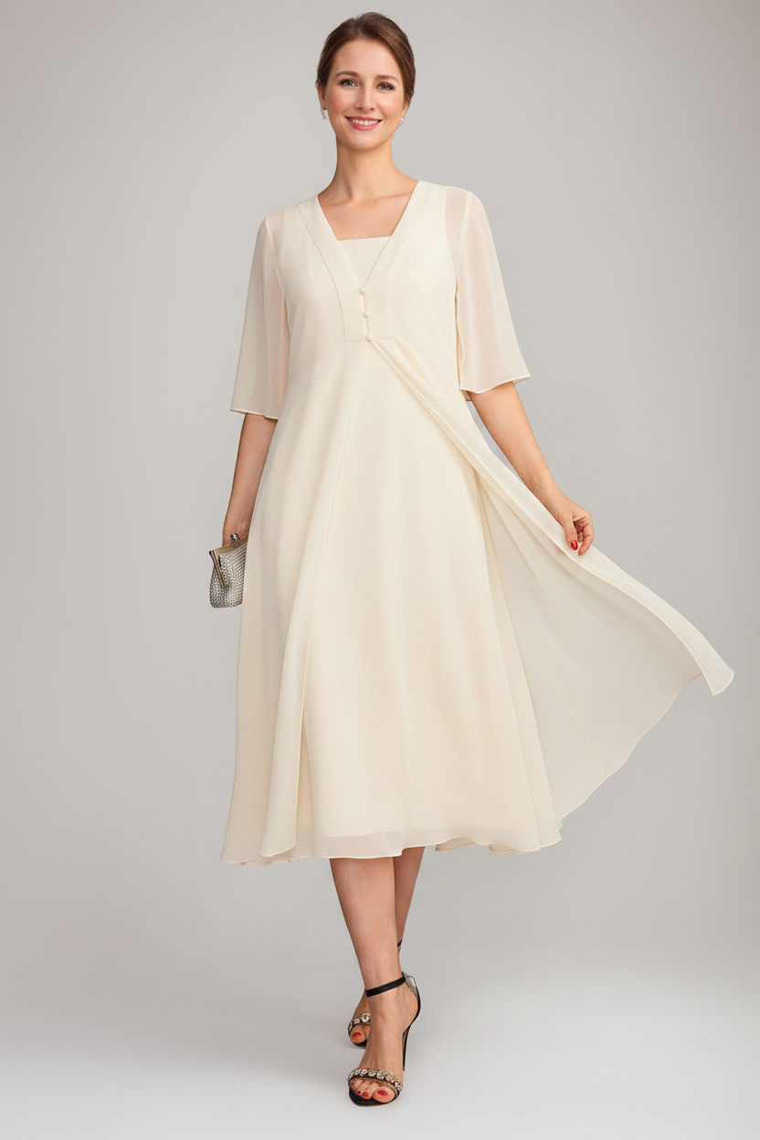 A-Line/Princess Square Neck Sleeveless Tea-Length Mother of the Bride Dresses with Long Jacket