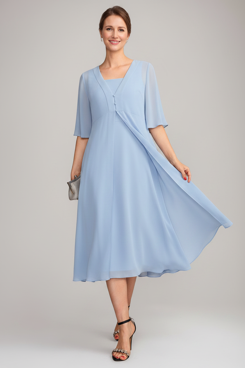 A-Line/Princess Square Neck Sleeveless Tea-Length Mother of the Bride Dresses with Long Jacket