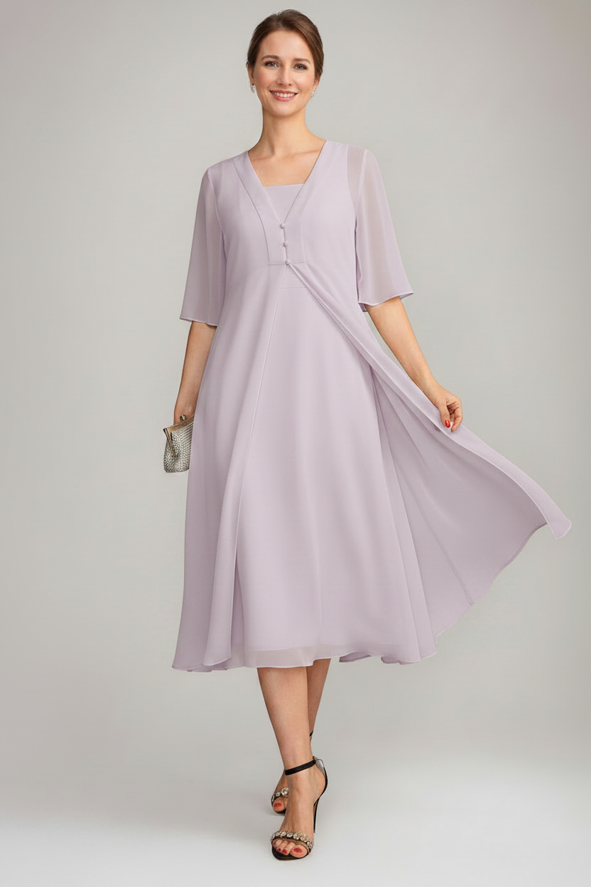A-Line/Princess Square Neck Sleeveless Tea-Length Mother of the Bride Dresses with Long Jacket