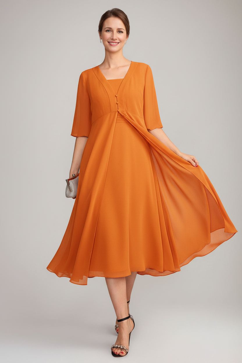 A-Line/Princess Square Neck Sleeveless Tea-Length Mother of the Bride Dresses with Long Jacket