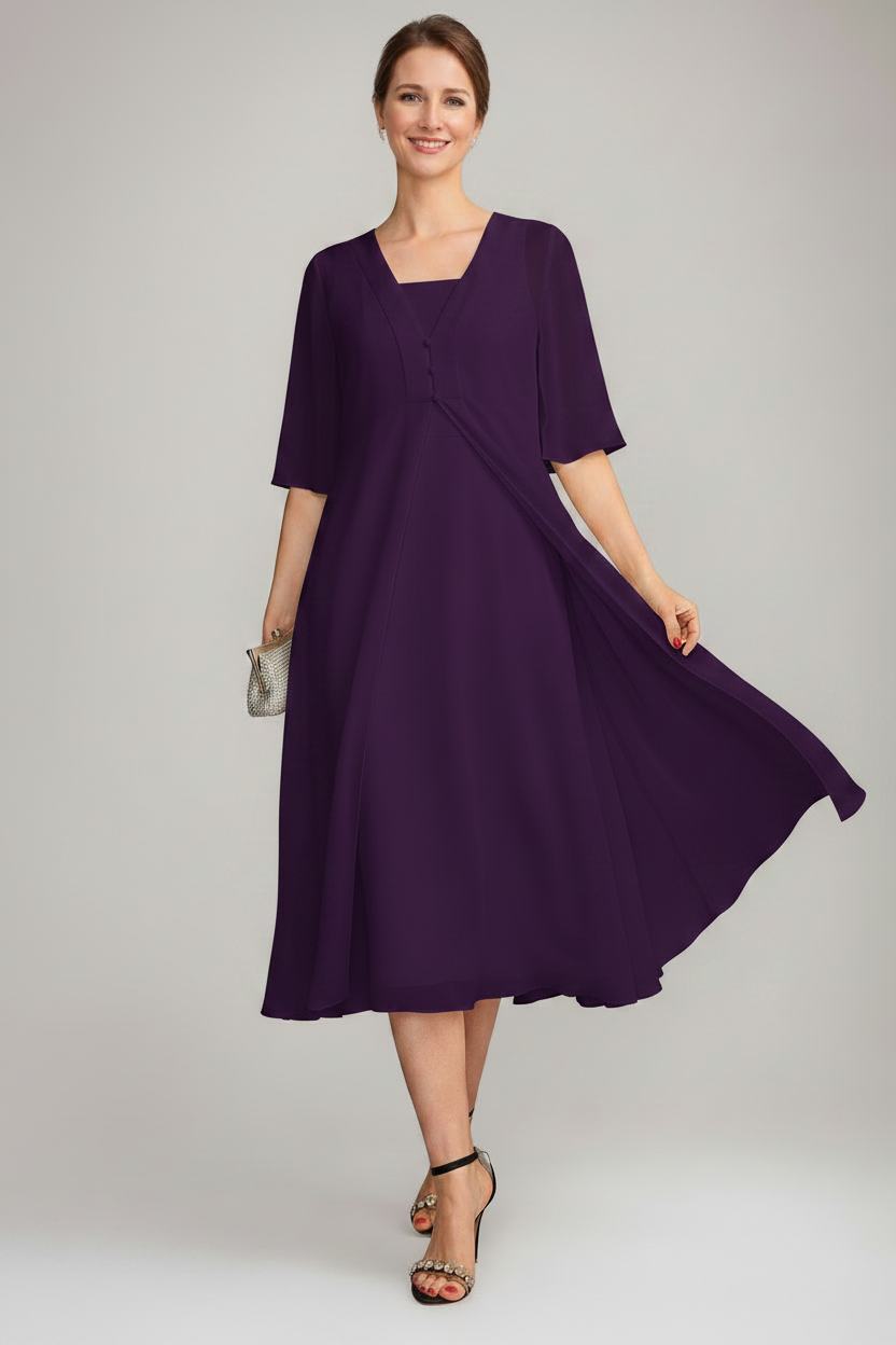 A-Line/Princess Square Neck Sleeveless Tea-Length Mother of the Bride Dresses with Long Jacket
