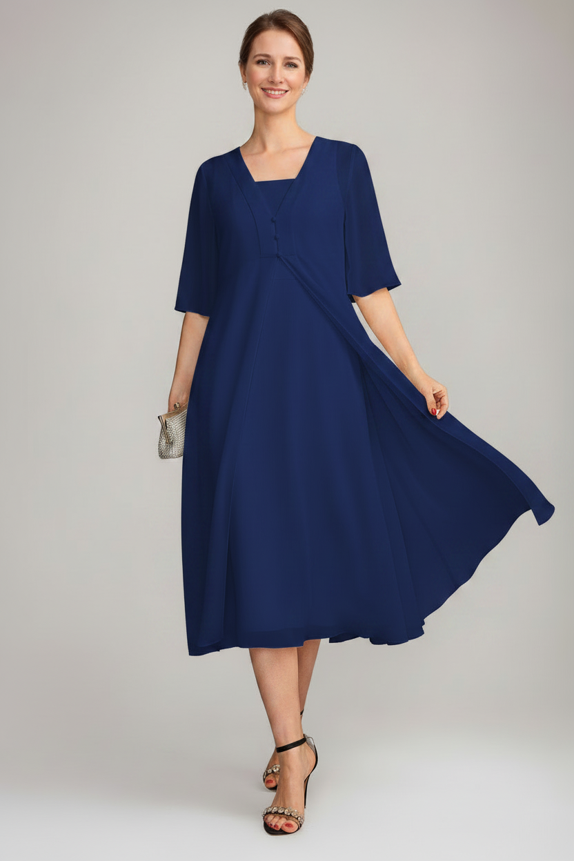 A-Line/Princess Square Neck Sleeveless Tea-Length Mother of the Bride Dresses with Long Jacket