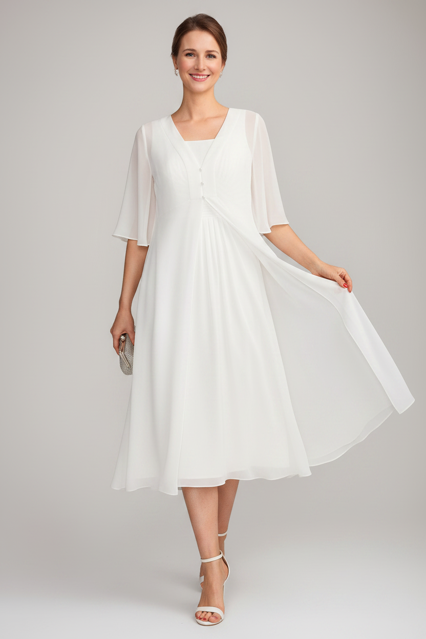 A-Line/Princess Square Neck Sleeveless Tea-Length Mother of the Bride Dresses with Long Jacket