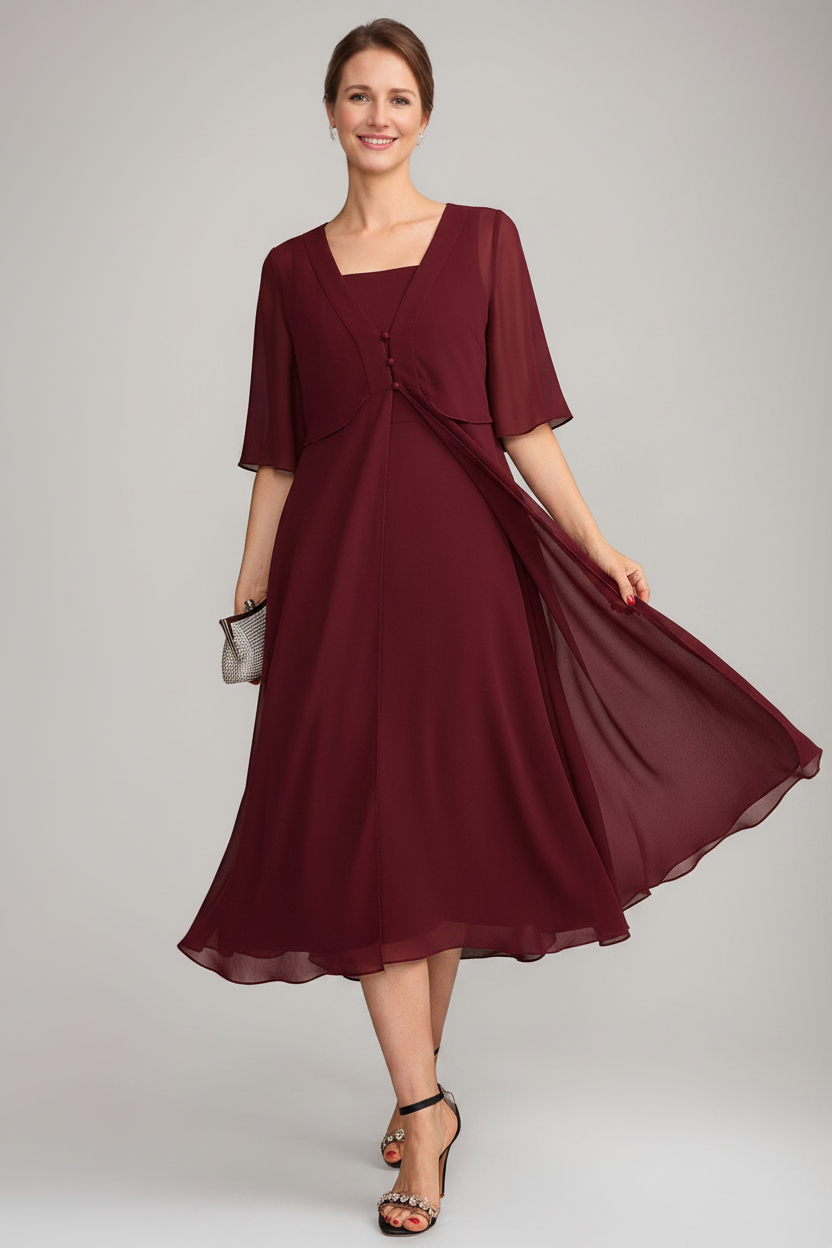 A-Line/Princess Square Neck Sleeveless Tea-Length Mother of the Bride Dresses with Long Jacket