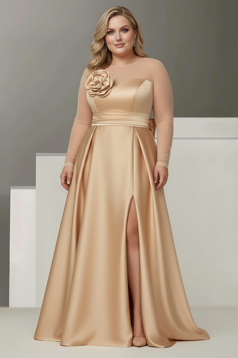 A-Line/Princess Sweetheart 3/4 Sleeves Plus Size Mother Of The Bride Dresses With Lace Flower & High Split