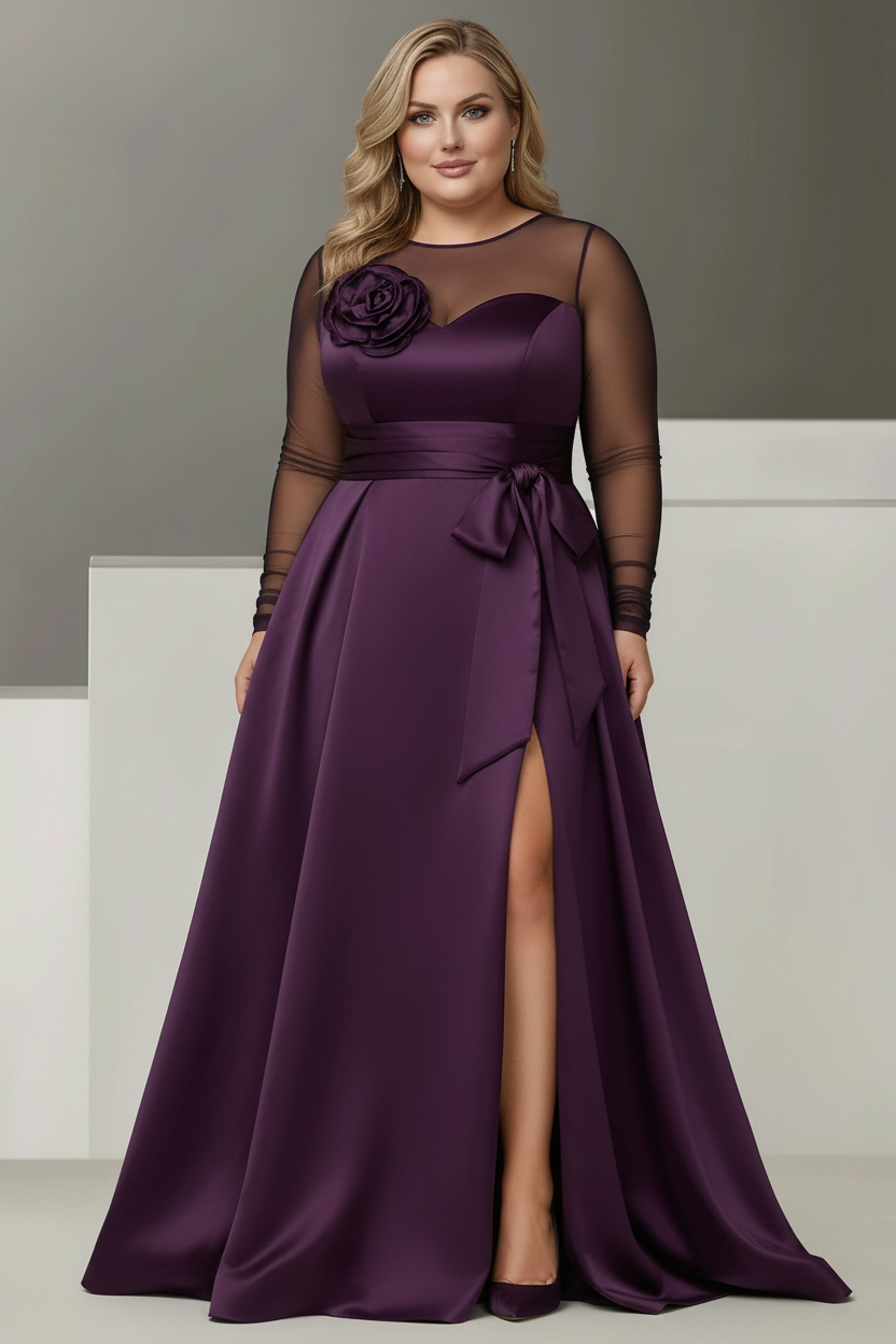 A-Line/Princess Sweetheart 3/4 Sleeves Plus Size Mother Of The Bride Dresses With Lace Flower & High Split