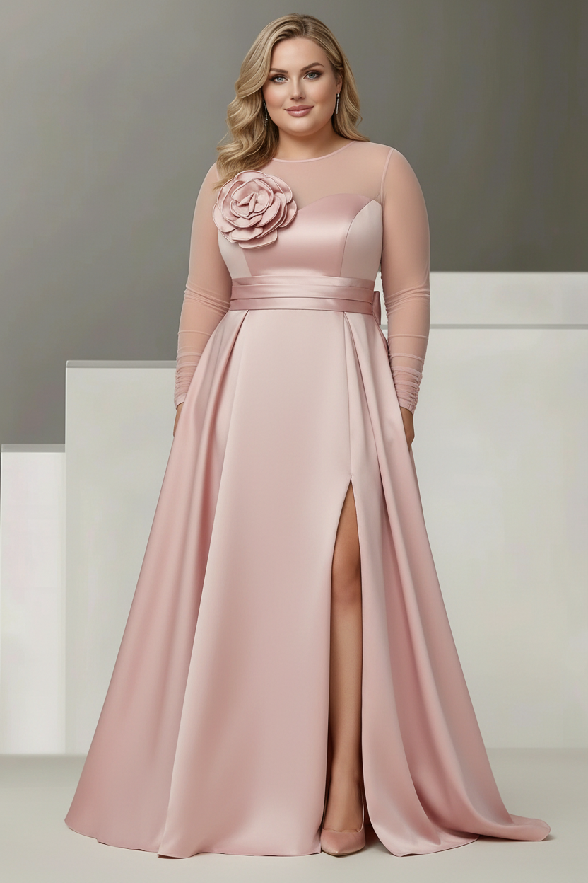 A-Line/Princess Sweetheart 3/4 Sleeves Plus Size Mother Of The Bride Dresses With Lace Flower & High Split