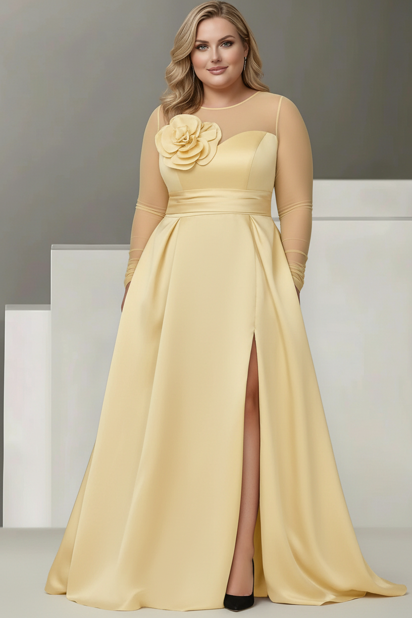 A-Line/Princess Sweetheart 3/4 Sleeves Plus Size Mother Of The Bride Dresses With Lace Flower & High Split