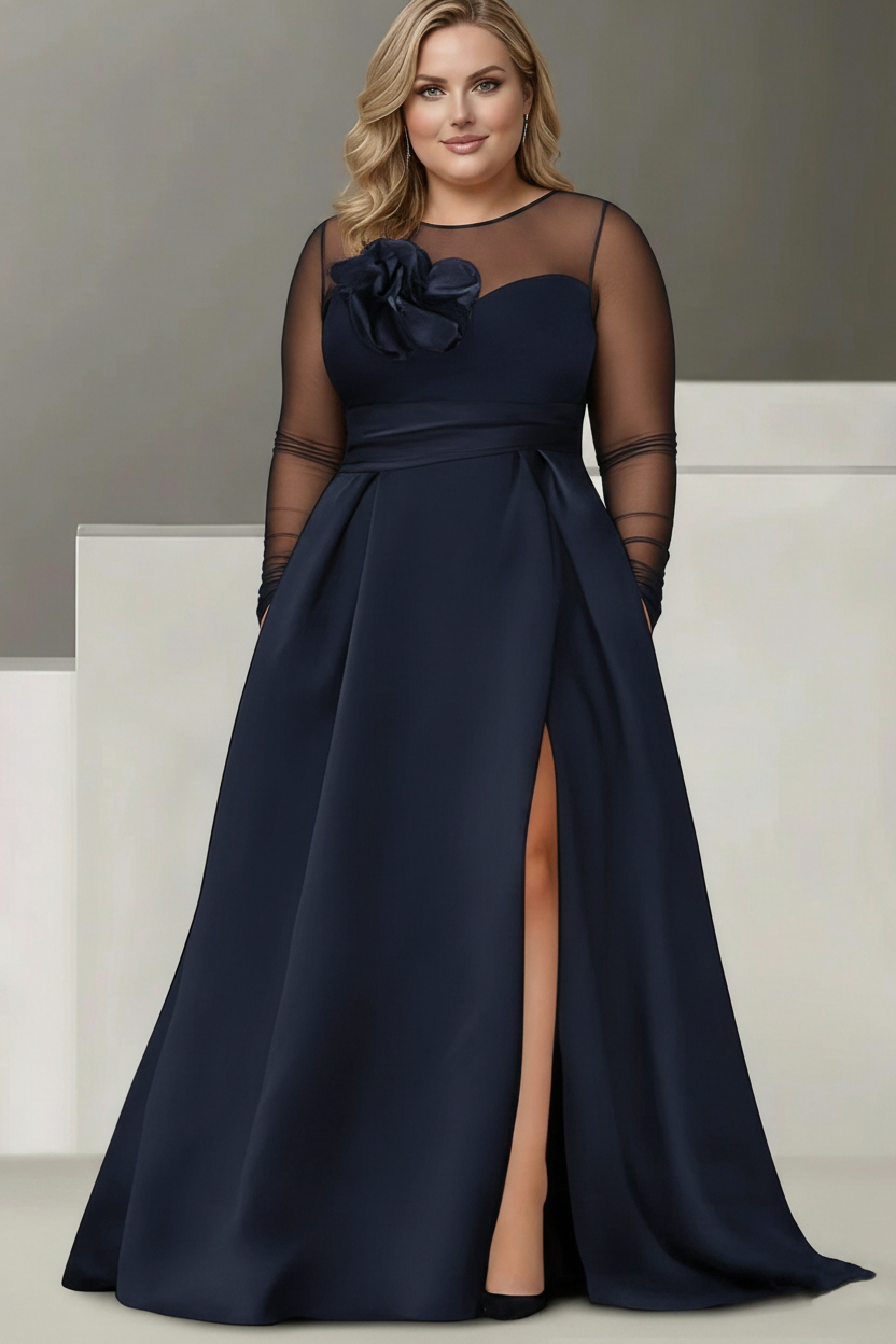 A-Line/Princess Sweetheart 3/4 Sleeves Plus Size Mother Of The Bride Dresses With Lace Flower & High Split