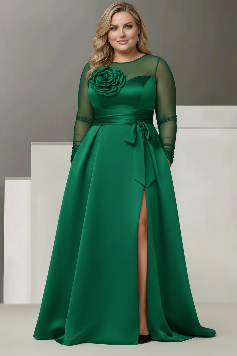 A-Line/Princess Sweetheart 3/4 Sleeves Plus Size Mother Of The Bride Dresses With Lace Flower & High Split