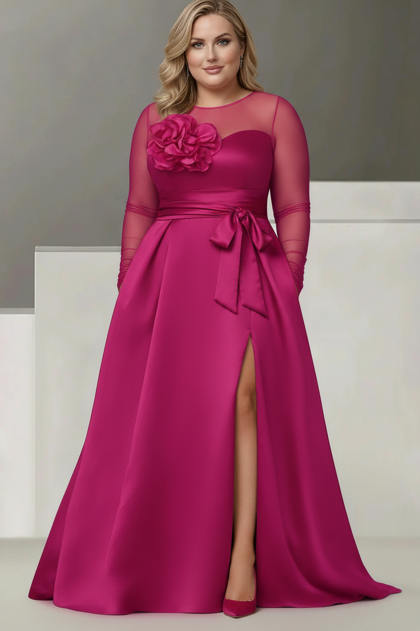 A-Line/Princess Sweetheart 3/4 Sleeves Plus Size Mother Of The Bride Dresses With Lace Flower & High Split