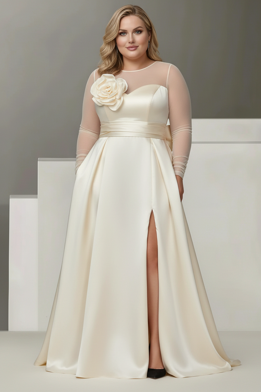 A-Line/Princess Sweetheart 3/4 Sleeves Plus Size Mother Of The Bride Dresses With Lace Flower & High Split