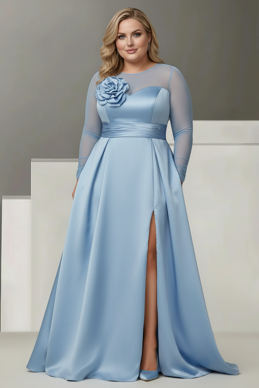 A-Line/Princess Sweetheart 3/4 Sleeves Plus Size Mother Of The Bride Dresses With Lace Flower & High Split