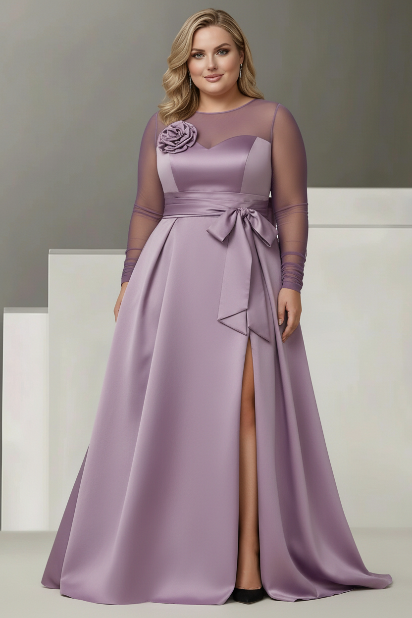 A-Line/Princess Sweetheart 3/4 Sleeves Plus Size Mother Of The Bride Dresses With Lace Flower & High Split