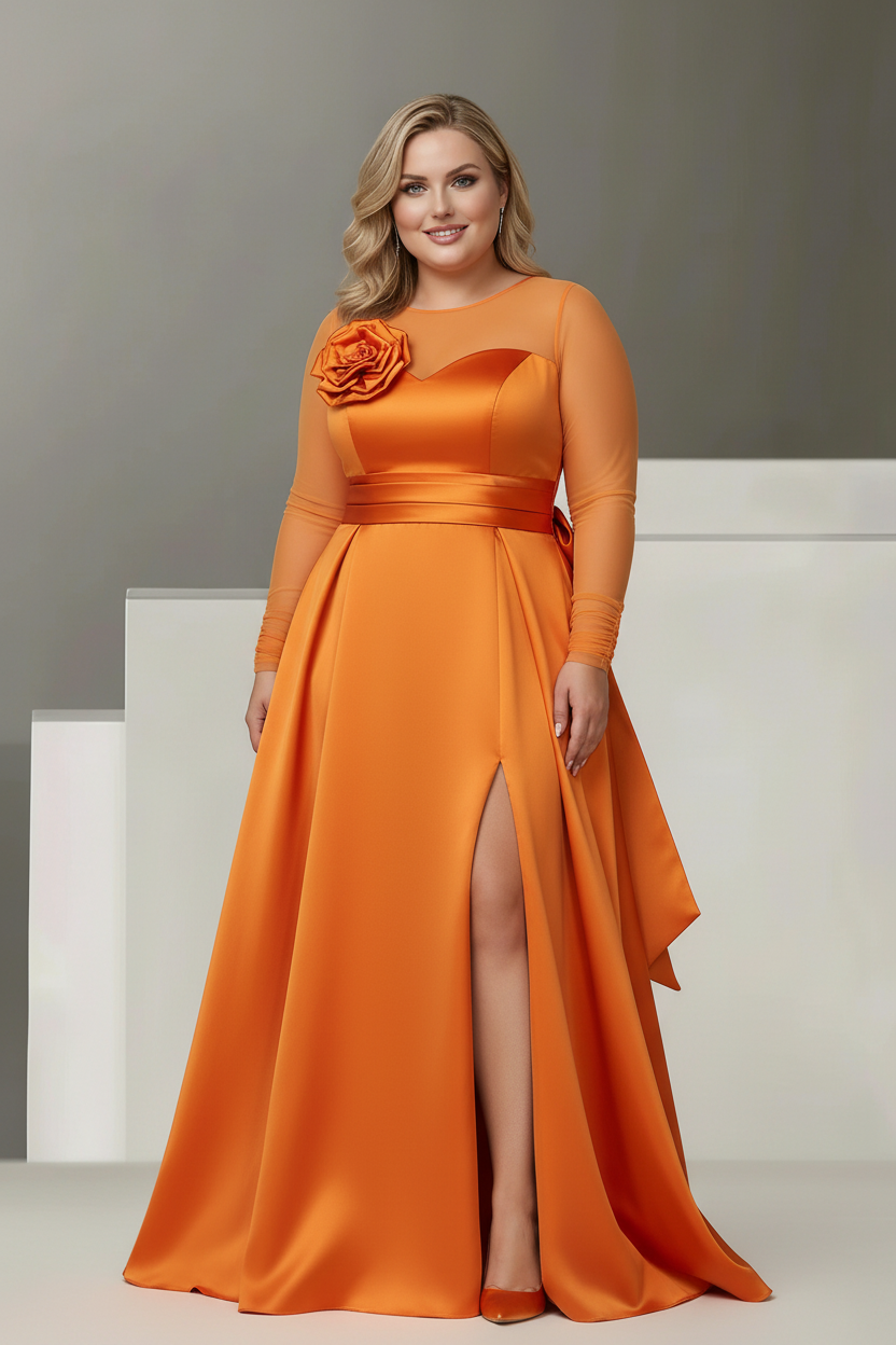 A-Line/Princess Sweetheart 3/4 Sleeves Plus Size Mother Of The Bride Dresses With Lace Flower & High Split