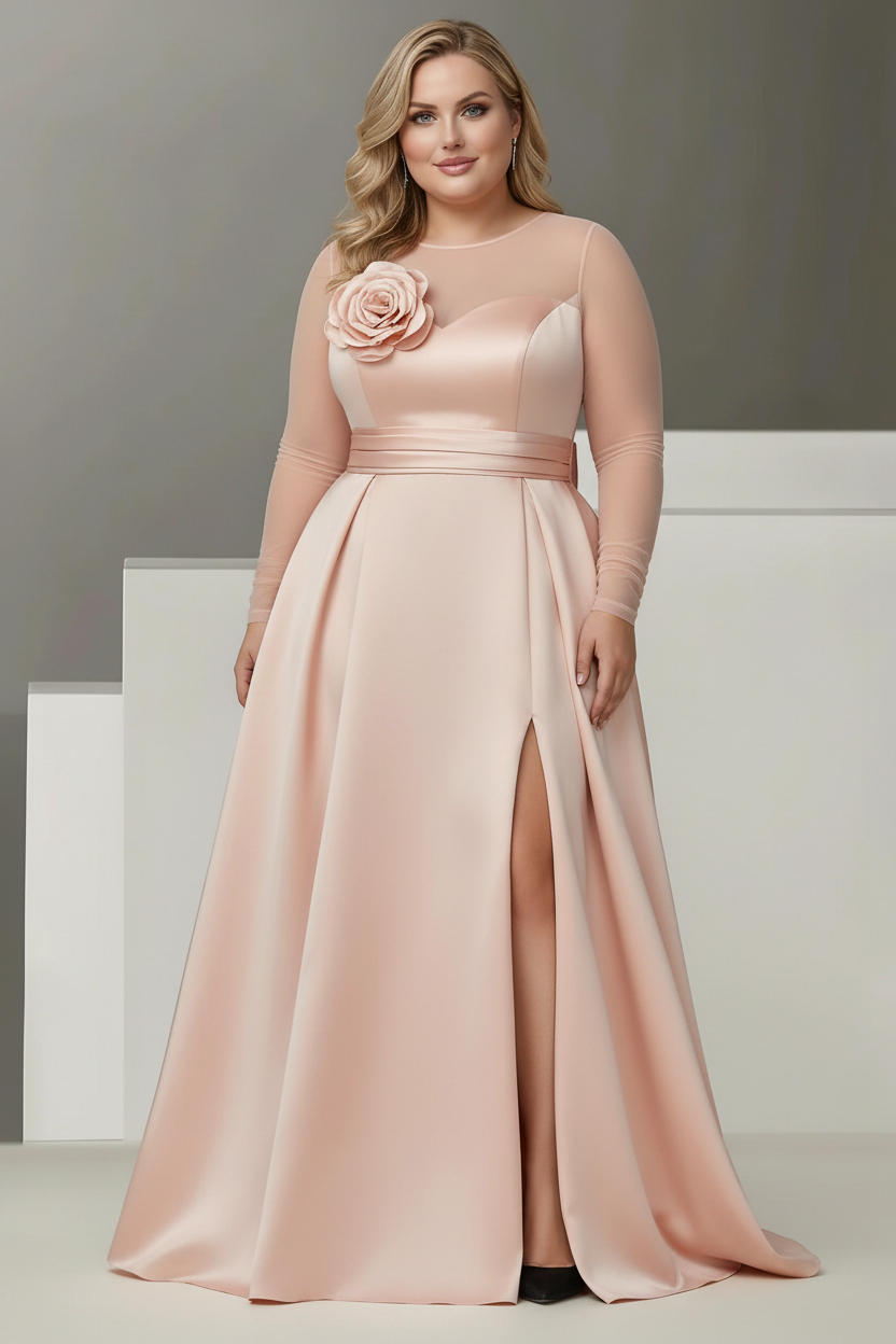 A-Line/Princess Sweetheart 3/4 Sleeves Plus Size Mother Of The Bride Dresses With Lace Flower & High Split