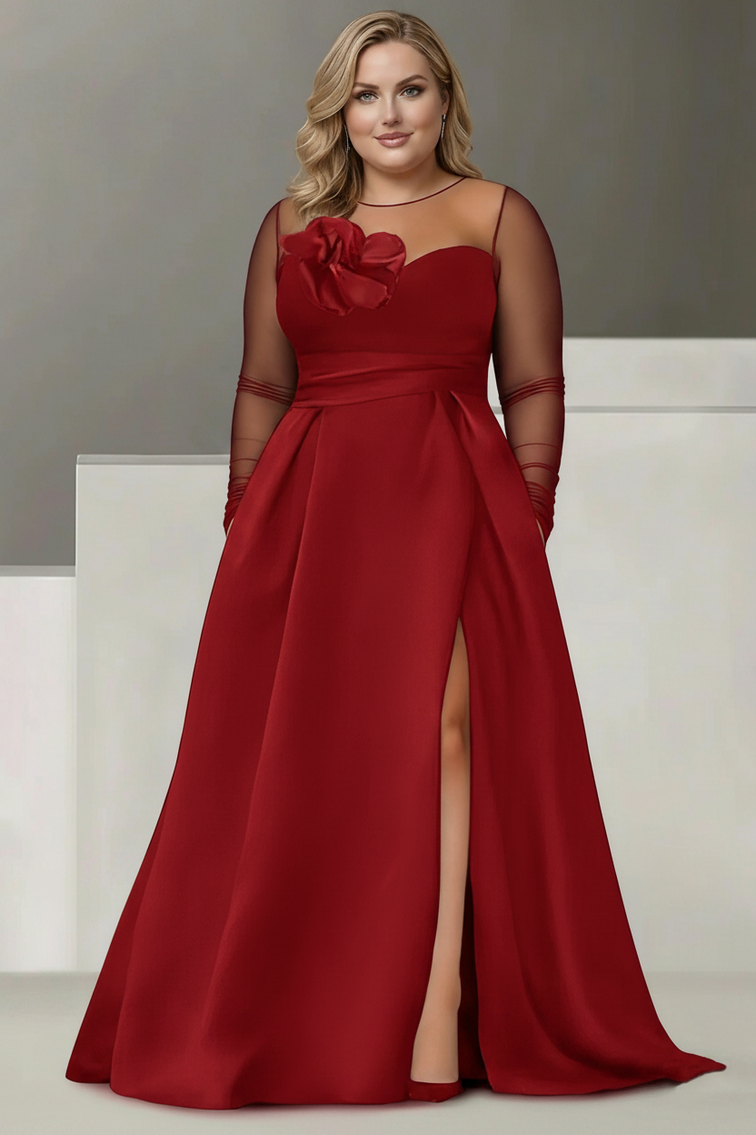A-Line/Princess Sweetheart 3/4 Sleeves Plus Size Mother Of The Bride Dresses With Lace Flower & High Split