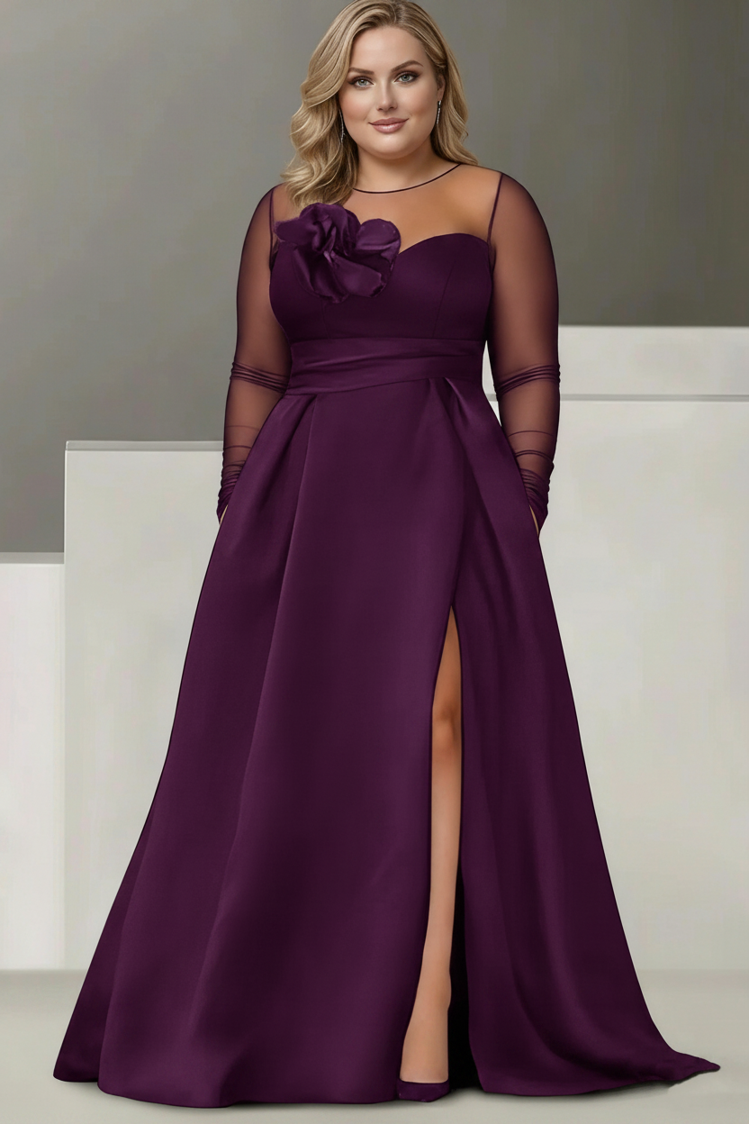 A-Line/Princess Sweetheart 3/4 Sleeves Plus Size Mother Of The Bride Dresses With Lace Flower & High Split