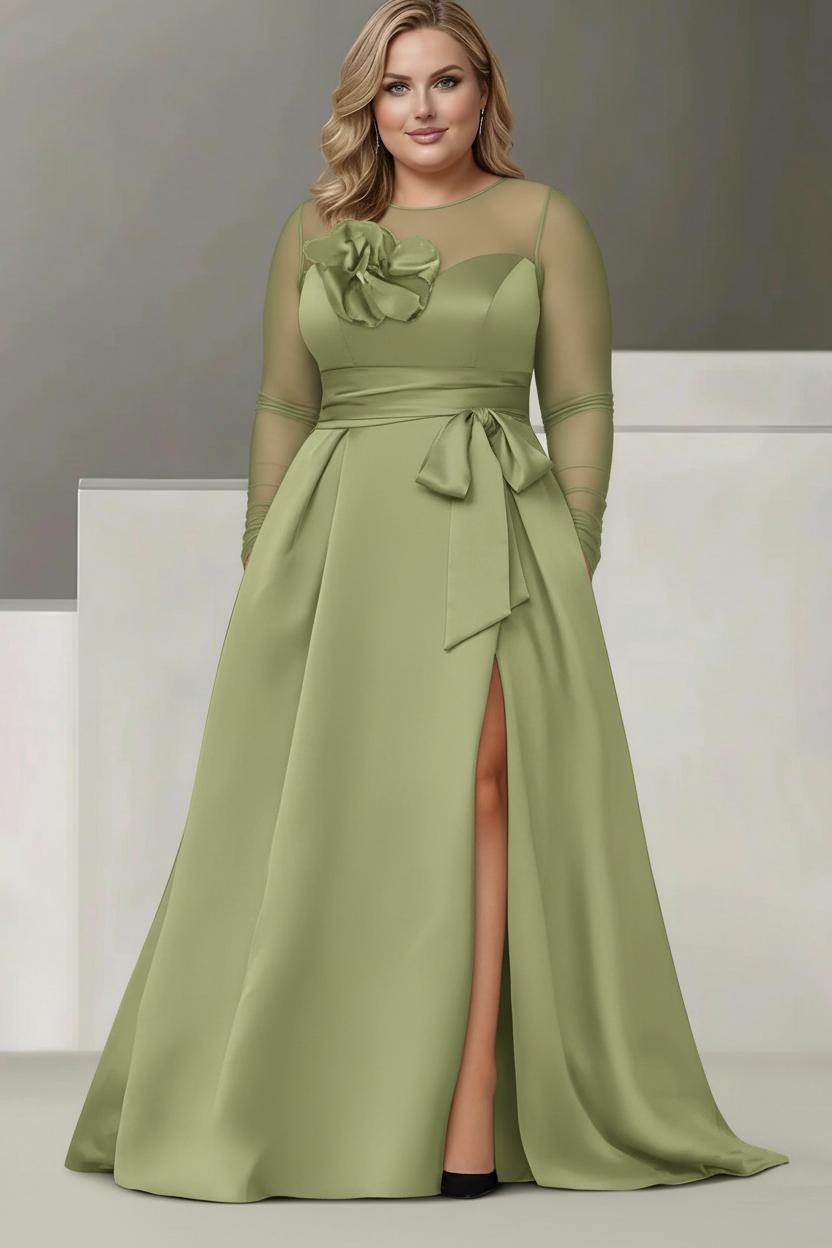 A-Line/Princess Sweetheart 3/4 Sleeves Plus Size Mother Of The Bride Dresses With Lace Flower & High Split