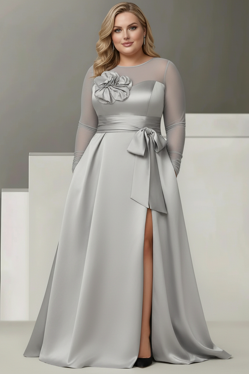 A-Line/Princess Sweetheart 3/4 Sleeves Plus Size Mother Of The Bride Dresses With Lace Flower & High Split