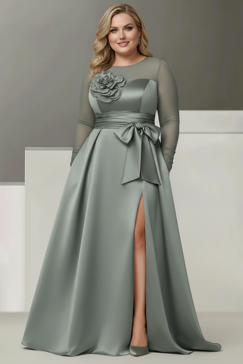 A-Line/Princess Sweetheart 3/4 Sleeves Plus Size Mother Of The Bride Dresses With Lace Flower & High Split