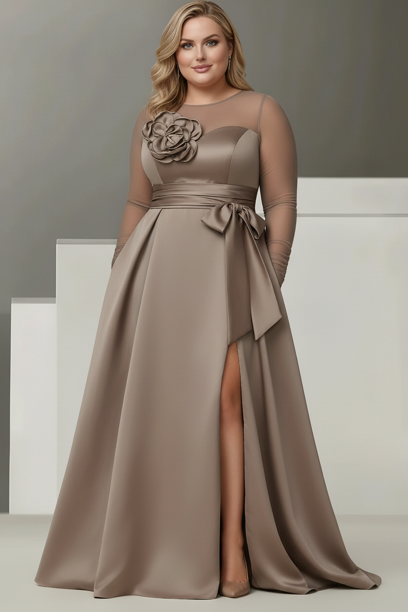 A-Line/Princess Sweetheart 3/4 Sleeves Plus Size Mother Of The Bride Dresses With Lace Flower & High Split