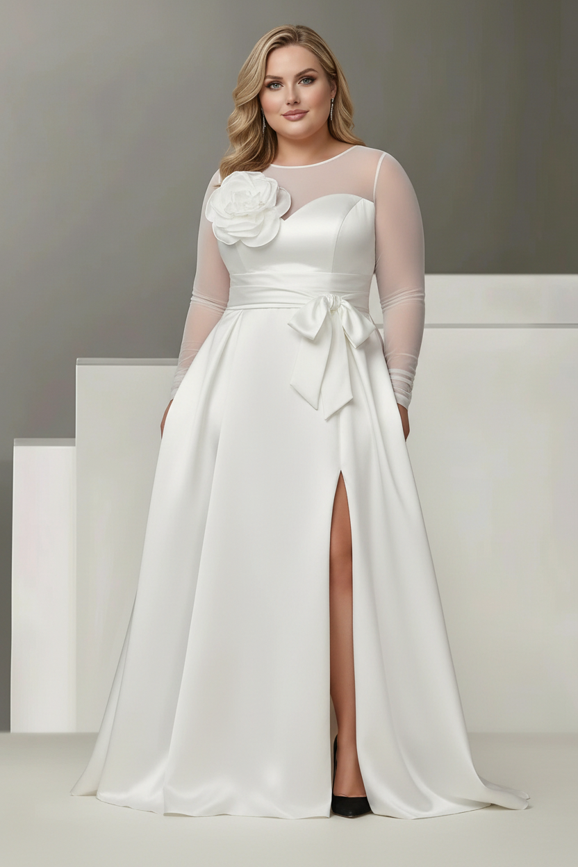 A-Line/Princess Sweetheart 3/4 Sleeves Plus Size Mother Of The Bride Dresses With Lace Flower & High Split