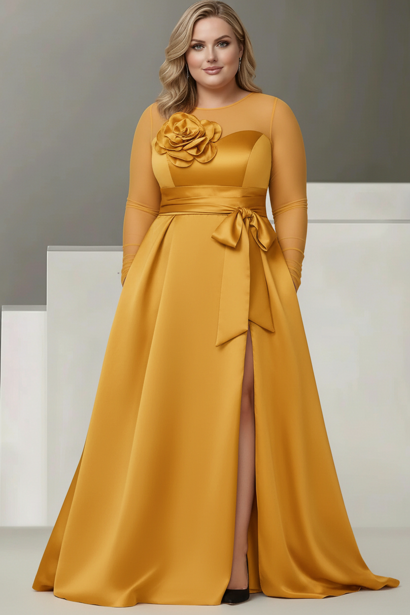 A-Line/Princess Sweetheart 3/4 Sleeves Plus Size Mother Of The Bride Dresses With Lace Flower & High Split