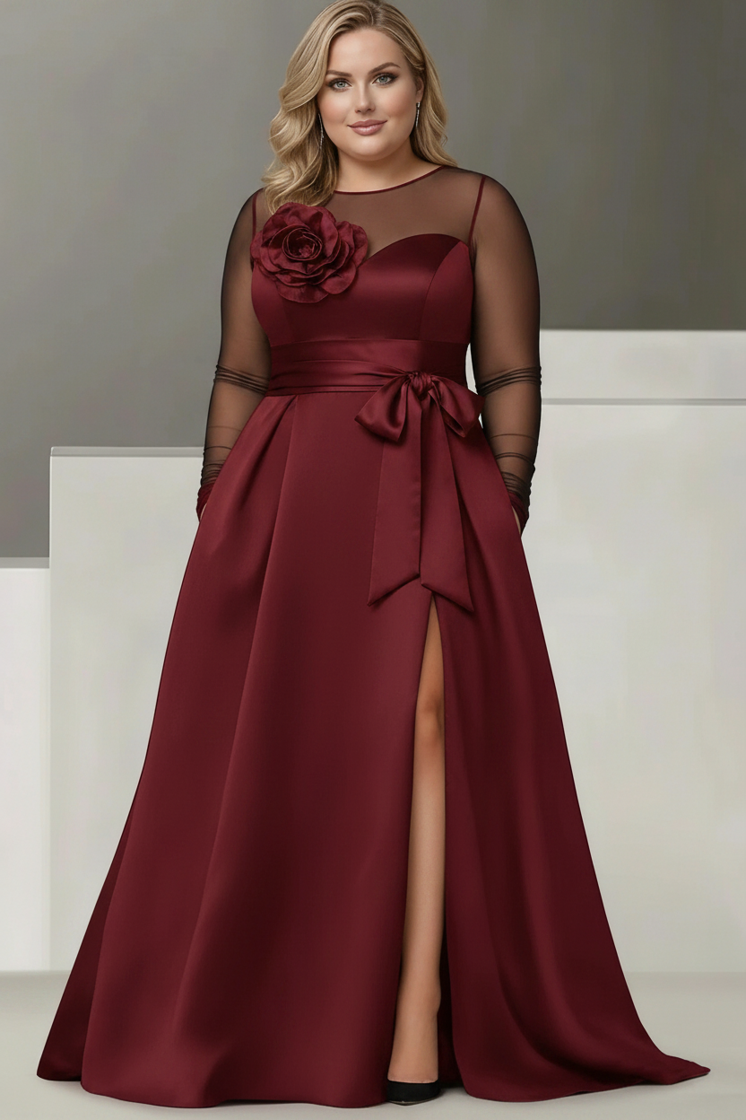 A-Line/Princess Sweetheart 3/4 Sleeves Plus Size Mother Of The Bride Dresses With Lace Flower & High Split
