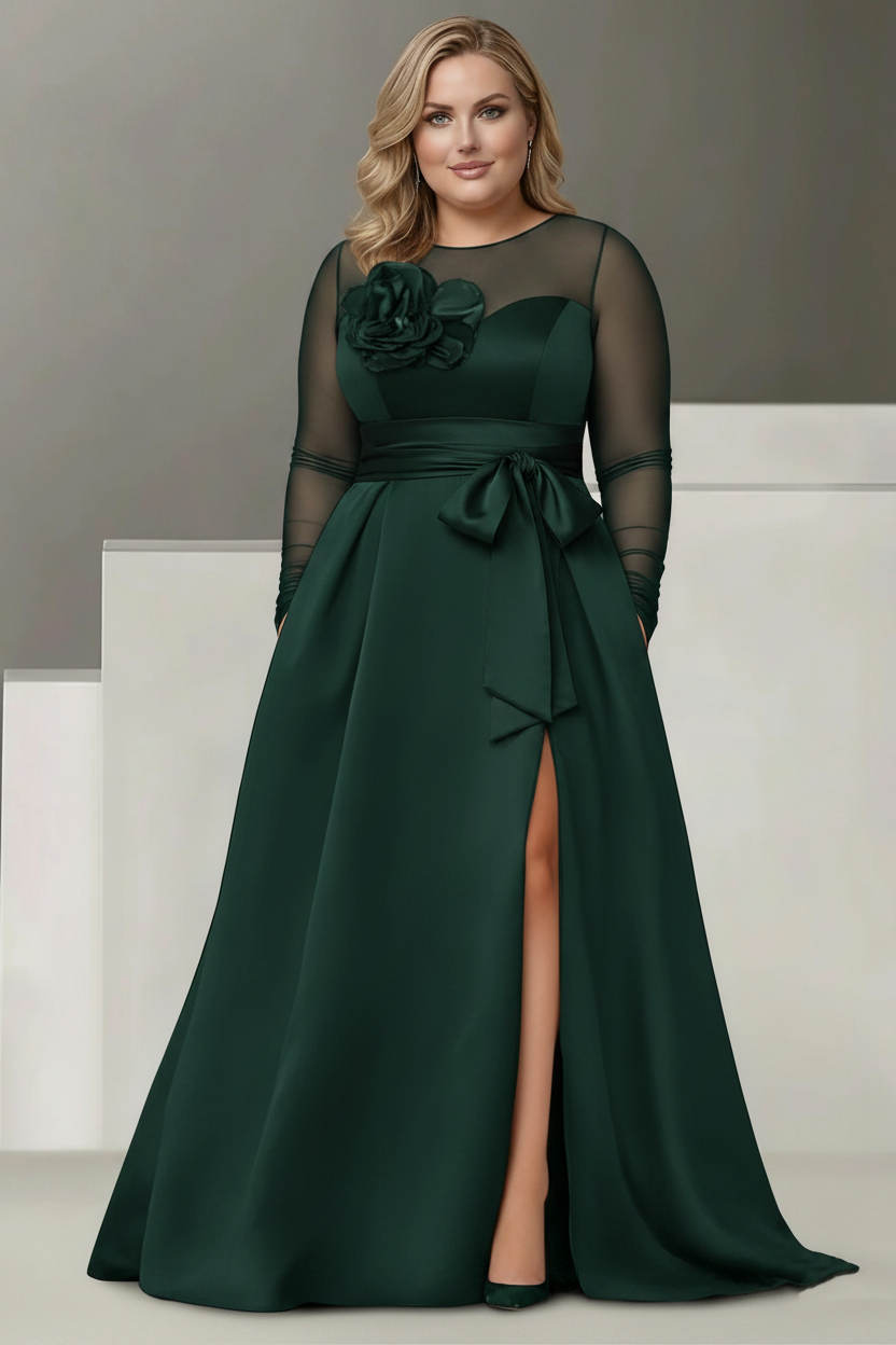 A-Line/Princess Sweetheart 3/4 Sleeves Plus Size Mother Of The Bride Dresses With Lace Flower & High Split
