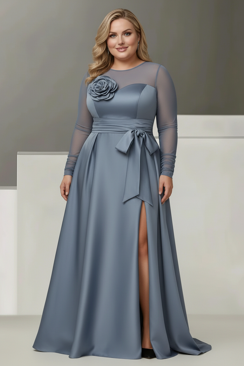 A-Line/Princess Sweetheart 3/4 Sleeves Plus Size Mother Of The Bride Dresses With Lace Flower & High Split
