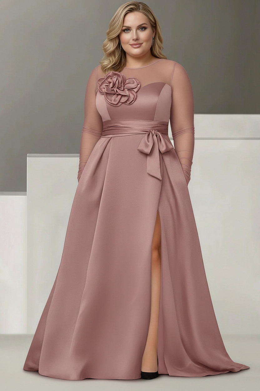 A-Line/Princess Sweetheart 3/4 Sleeves Plus Size Mother Of The Bride Dresses With Lace Flower & High Split