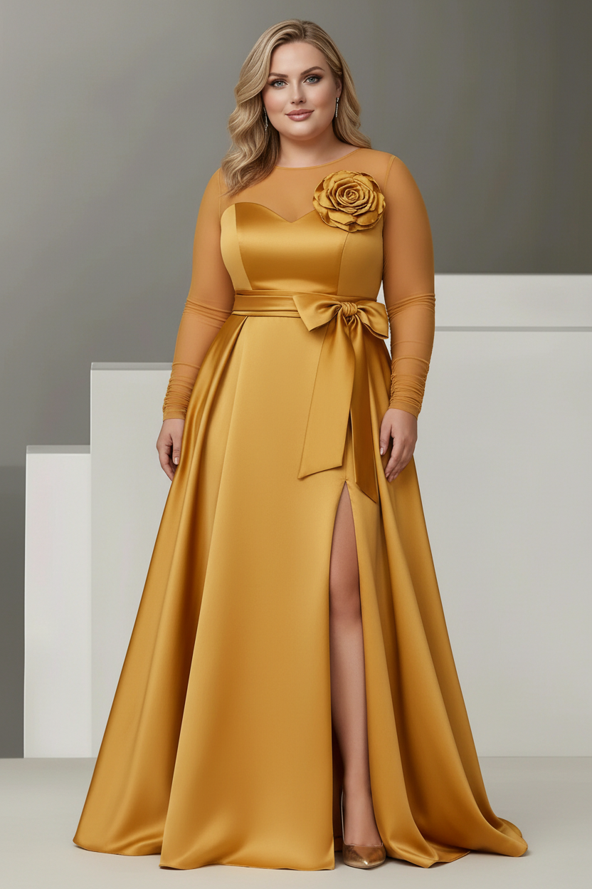 A-Line/Princess Sweetheart 3/4 Sleeves Plus Size Mother Of The Bride Dresses With Lace Flower & High Split