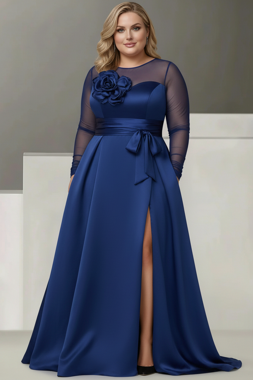 A-Line/Princess Sweetheart 3/4 Sleeves Plus Size Mother Of The Bride Dresses With Lace Flower & High Split