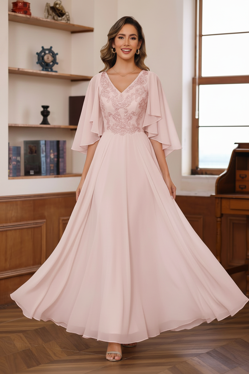 A-Line/Princess V-Neck 2 Pics Floor-Length Mother of the Bride Dresses with Appliques & Wrap