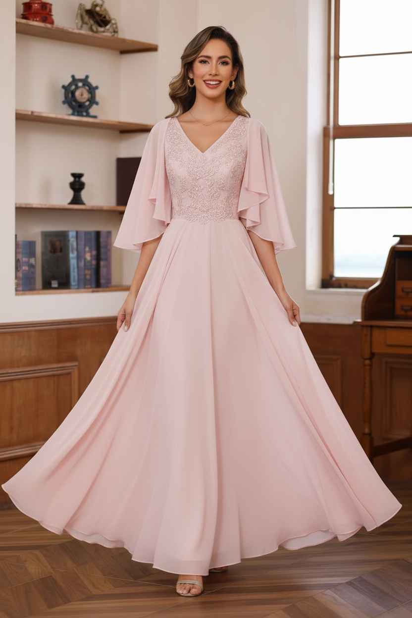 A-Line/Princess V-Neck 2 Pics Floor-Length Mother of the Bride Dresses with Appliques & Wrap