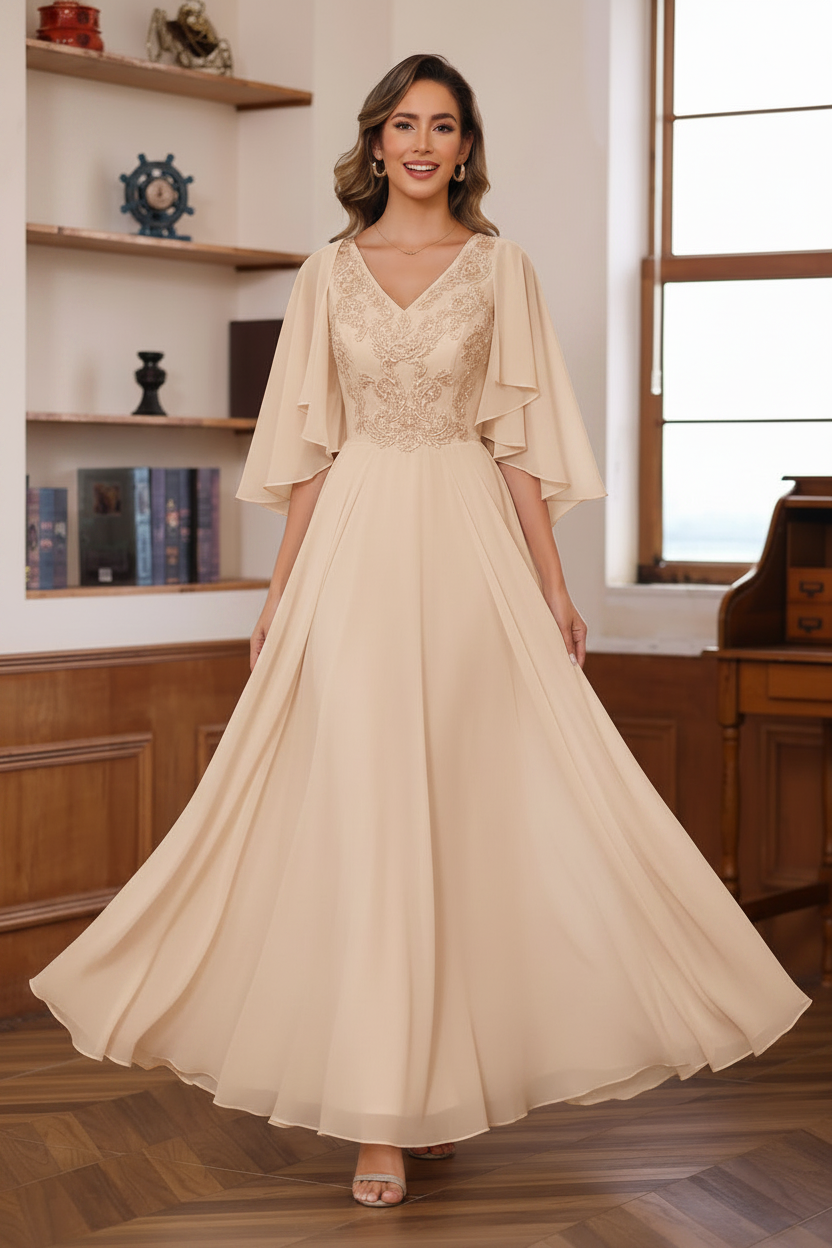 A-Line/Princess V-Neck 2 Pics Floor-Length Mother of the Bride Dresses with Appliques & Wrap